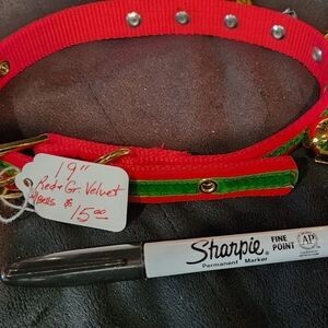 Red with Green Velvet Dog Collar with Bells